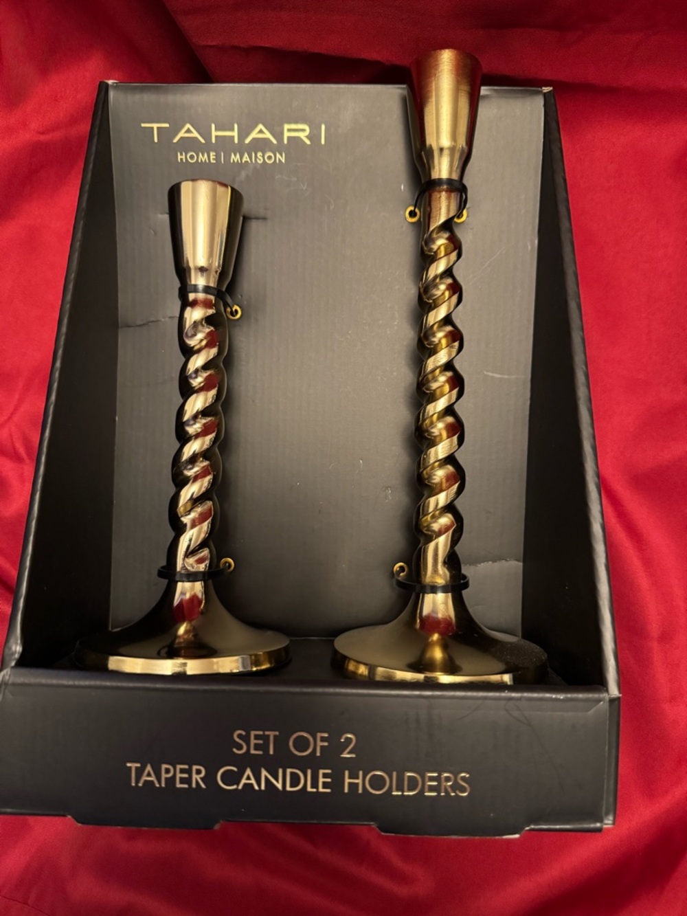 Tahari Gold Spiral Taper Candle Holders Set 2 Maison Barley Twist- NEW